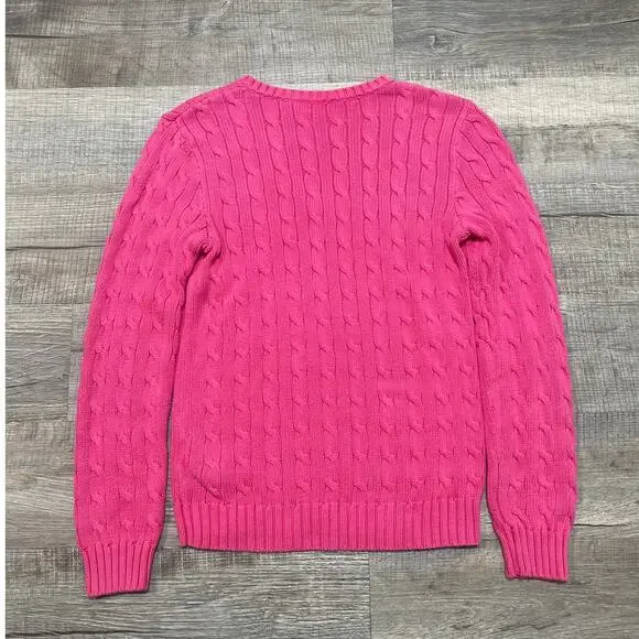 Polo Ralph Lauren Womens Size Medium Pink Cotton Cable Neck V Neck Sweater - Picture 2 of 7